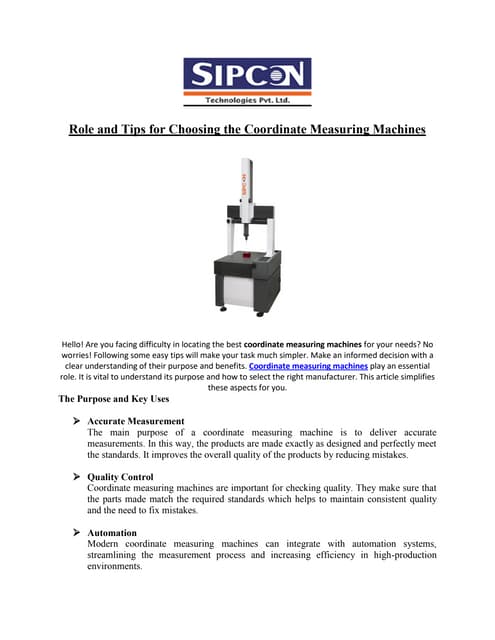 Role and Tips for Choosing the Coordinate Measuring Machines | PDF