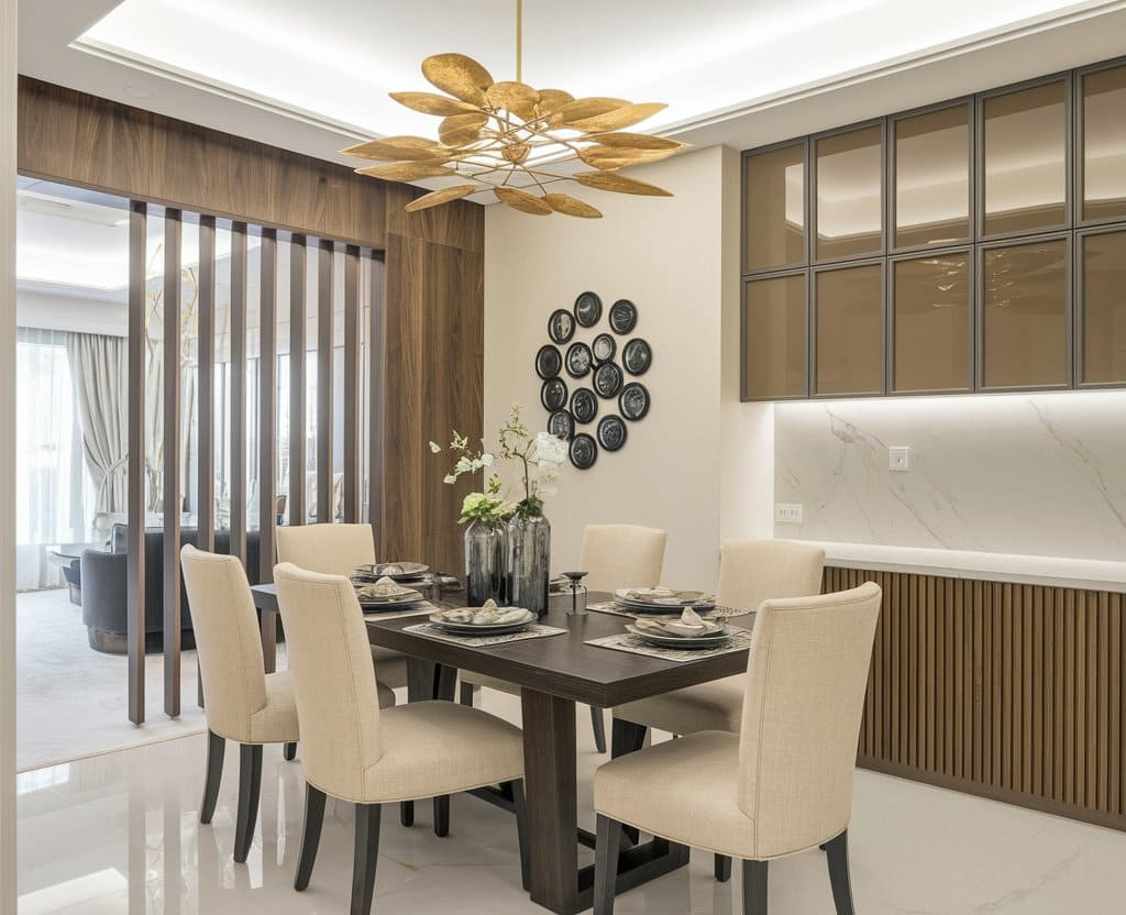  Economical Dining Space Design - Kolkata Interiors Description: Inviting dining space created by affordable interior design services in Kolkata, perfect for family gatherings and entertaining guests.