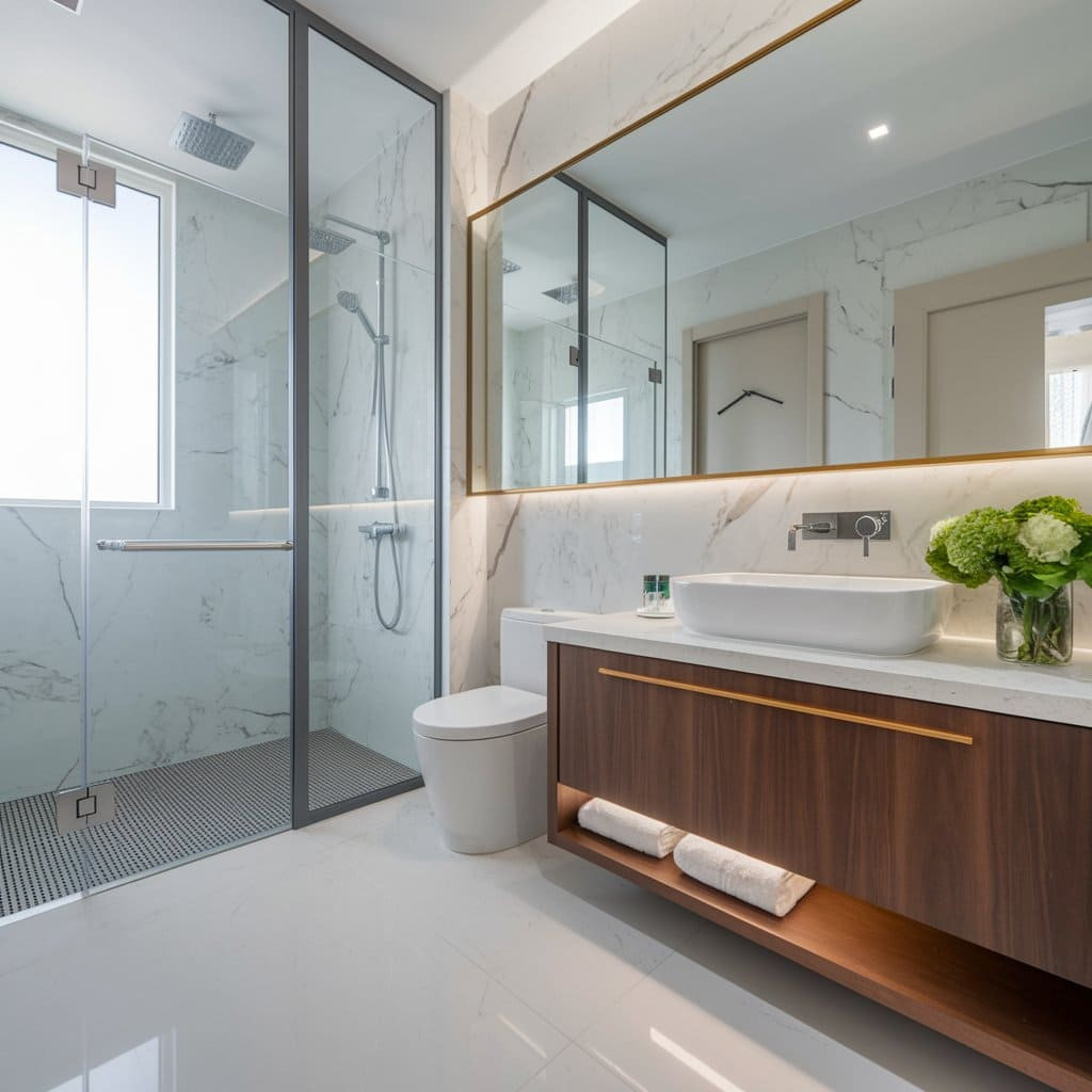 Cost-Effective Bathroom Redesign - Kolkata Designers Description: Modern bathroom upgrade by affordable interior design services in Kolkata, showcasing space-saving fixtures and stylish tile work